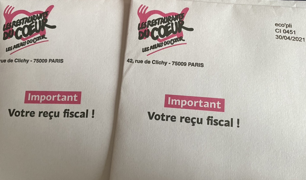 收到了Resto du coeur的recu fiscal