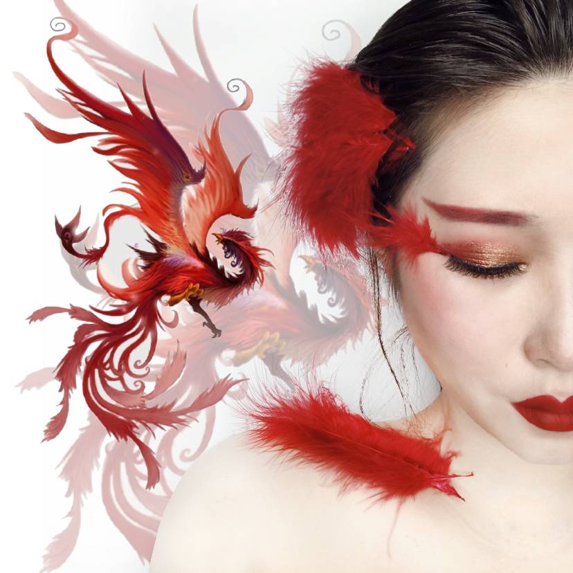 觉得配色真的太刺激了而且我没有红色盘 就想着一定要出一个朱雀妆